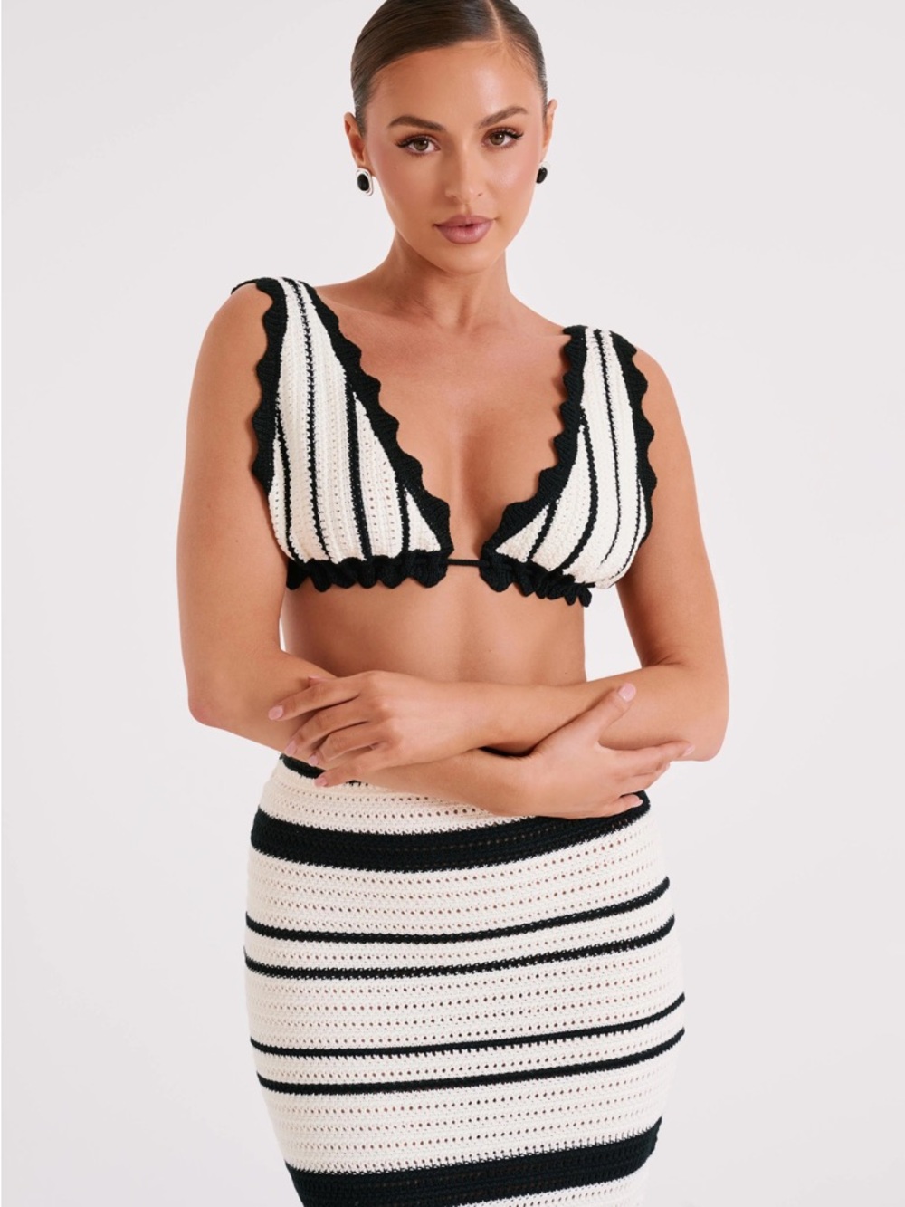 Meshki Black & White Crochet Stripe Two-Piece  Skirt Set (M)